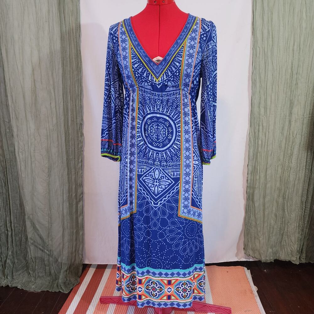 Flying Tomatoe Blue Long Maxi V Neck  Half Sleeves Boho Peasant Dress Size S